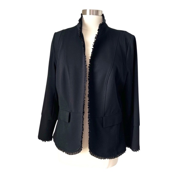 Chico's Ruffle Trim Ponte Blazer Black Pockets Wardrobe Capsule Size 2 Petite - Picture 1 of 16
